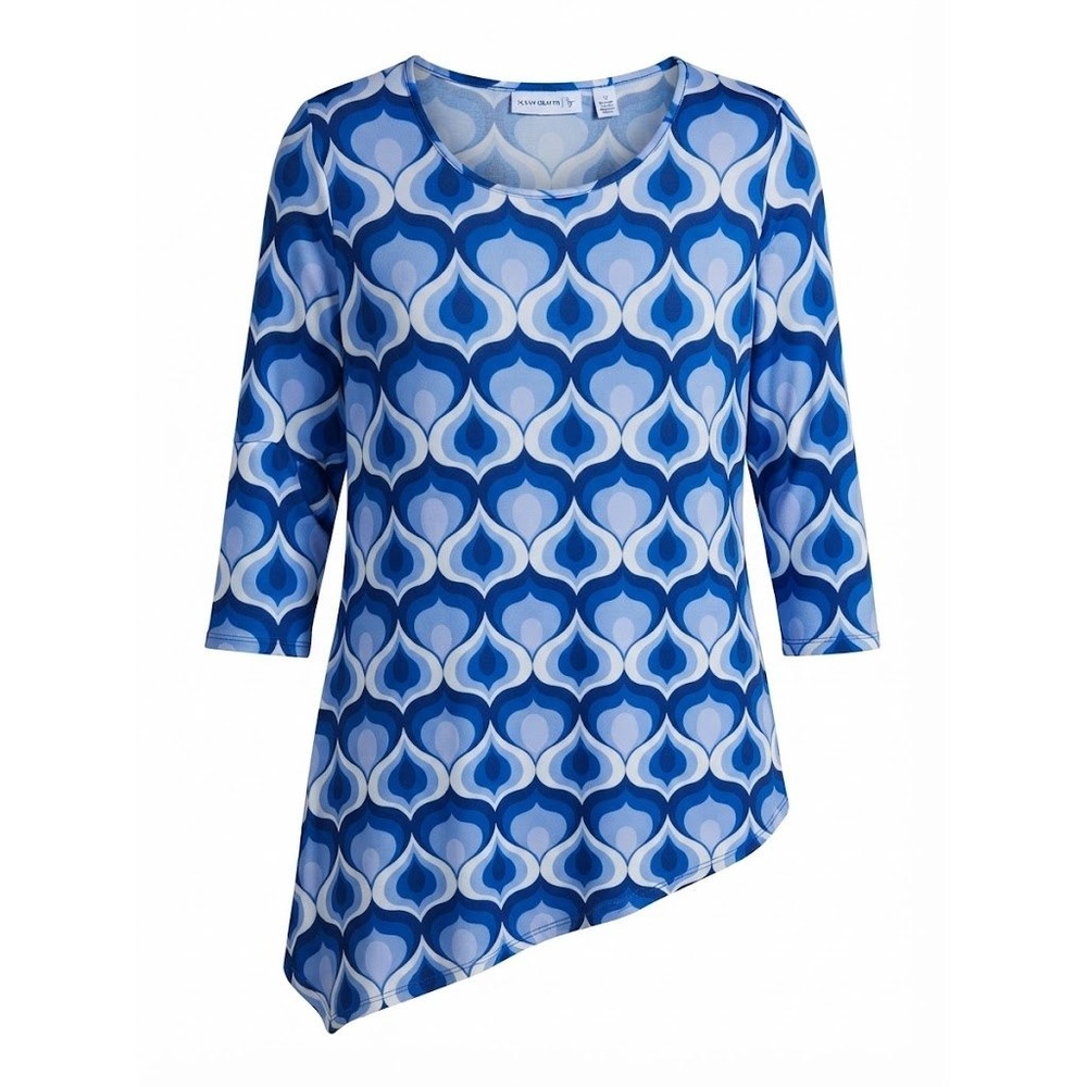 Susan Graver Blue Geometric Retro Liquid Knit Asymmetrical Tunic Top 1X - IW